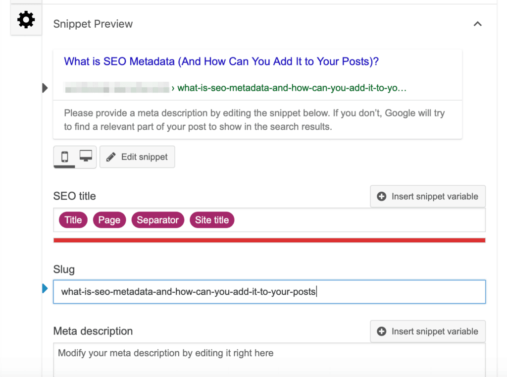 Screenshot der Snippet-Vorschau mit Slug-Feld.