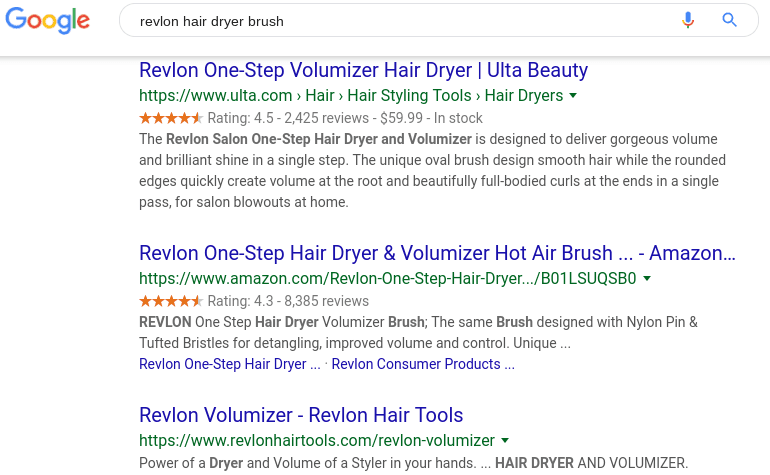 Résultats de la recherche Google pour Revlon hair dryer brush.
