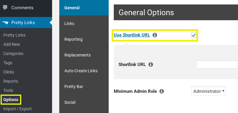 PrettyLinks plugin settings page on WordPress dashboard.