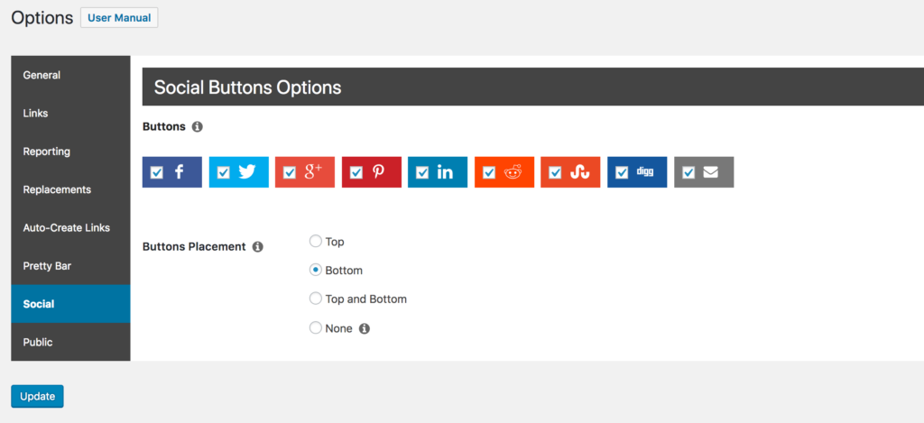 A screenshot of the PrettyLinks' Social Buttons options.