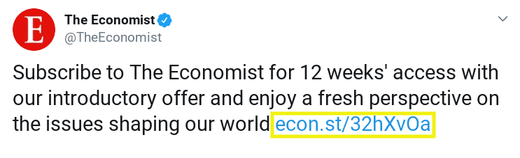 Ein Tweet vom Twitter-Konto von The Economist, der eine verkürzte URL für einen Link zu sozialen Medien enthält.