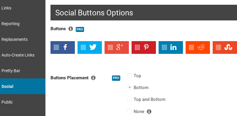 Die PrettyLinks' Social Buttons Optionen in WordPress.