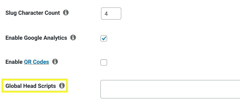 PrettyLinks tracking script settings.