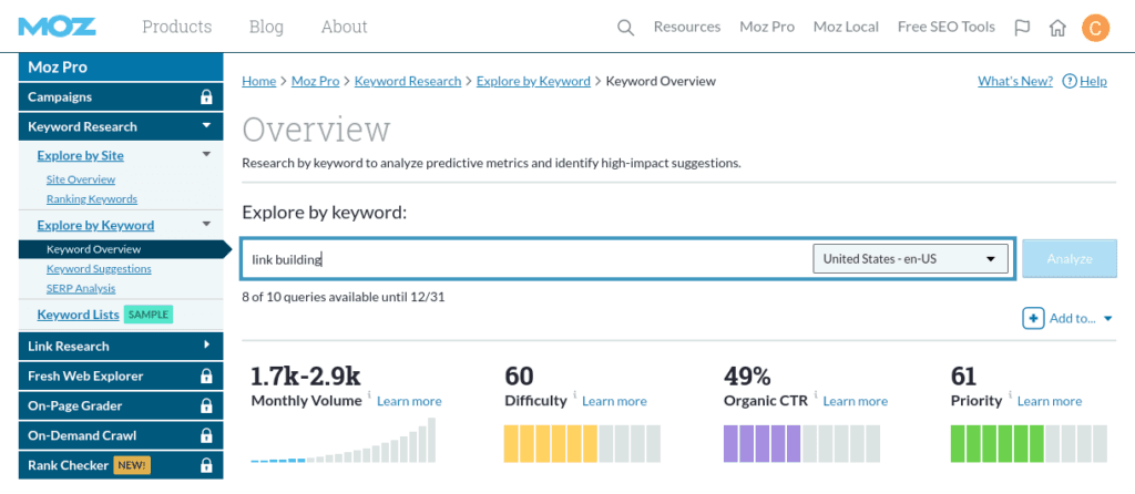 Moz Keyword-Recherche-Tool.