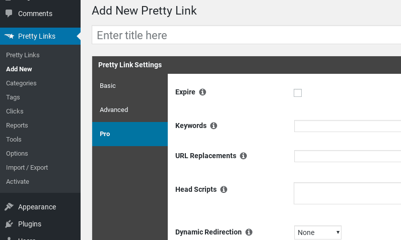 PrettyLinks plugin options from WordPress dashboard.