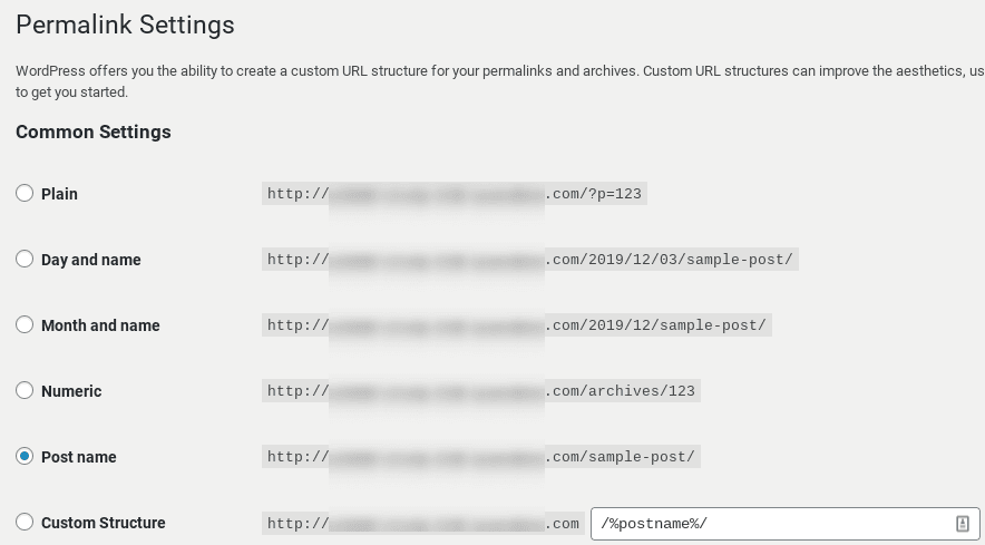 Permalink-Einstellungen auf der WordPress-Dashboard-Seite.