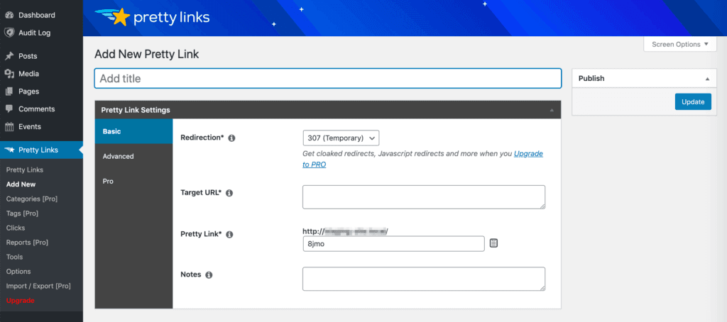 Création d'un nouveau Pretty Link.