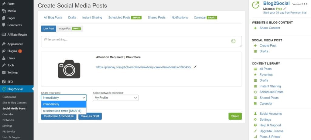 Scheduling social media posts in Blog2Social.