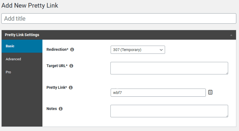 Einstellen der Ziel-URL und des Pretty Links.