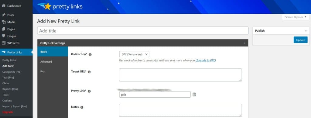 El plugin PrettyLinks desde el backend.