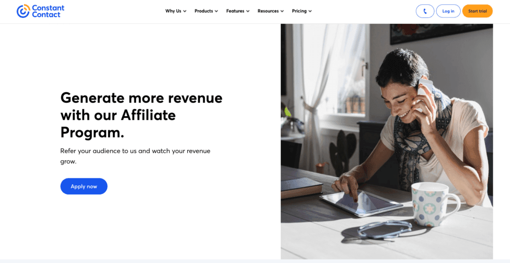 Página de destino do programa de afiliados da Constant Contact