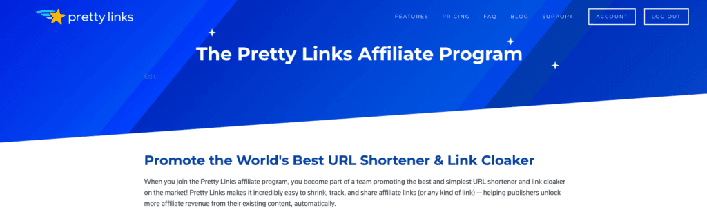 Página de destino do programa de afiliados PrettyLinks