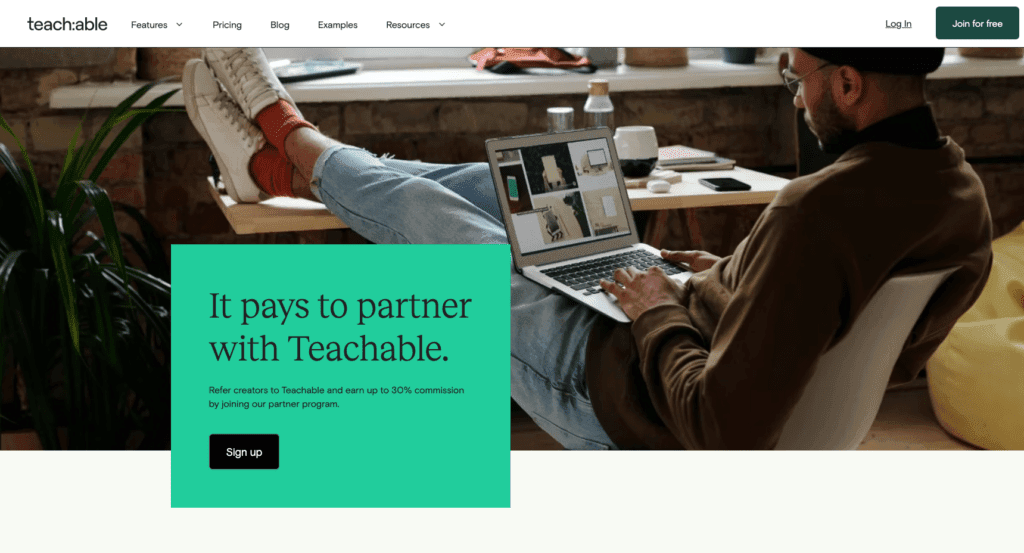 Página de destino do programa de afiliados do Teachable