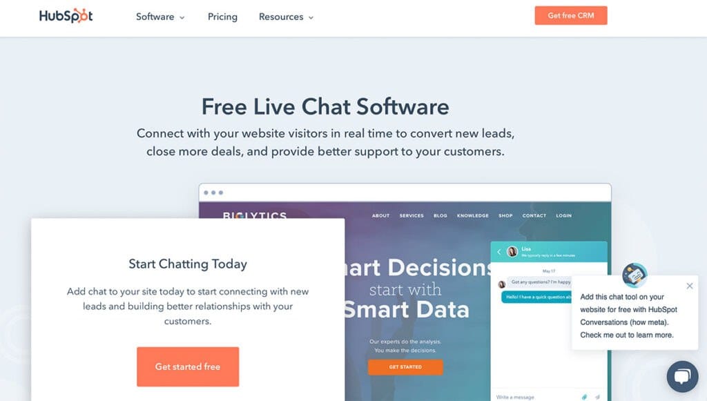 The HubSpot Free Live Chat Software website.