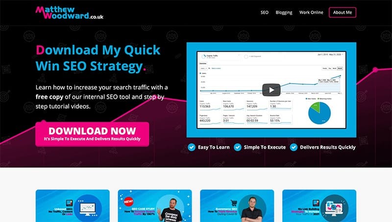 Página inicial do site de Matthew Woodward.