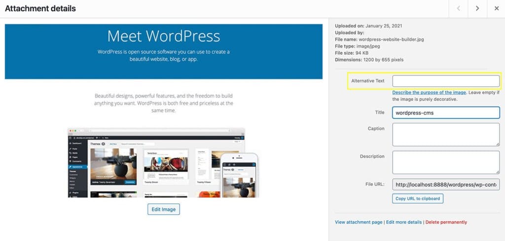 Das Feld "Alternativer Text" in der WordPress-Mediathek.