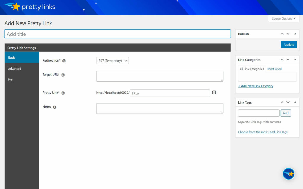 The Add New screen in PrettyLinks.