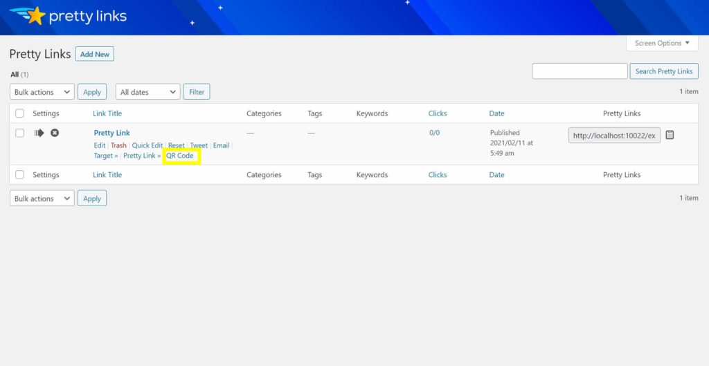 The button to download a QR code from the PrettyLinks list.