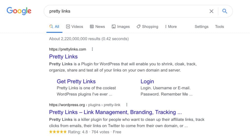 A Google search for PrettyLinks.