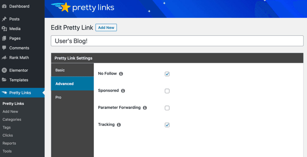 The URL redirect settings, inside PrettyLinks.