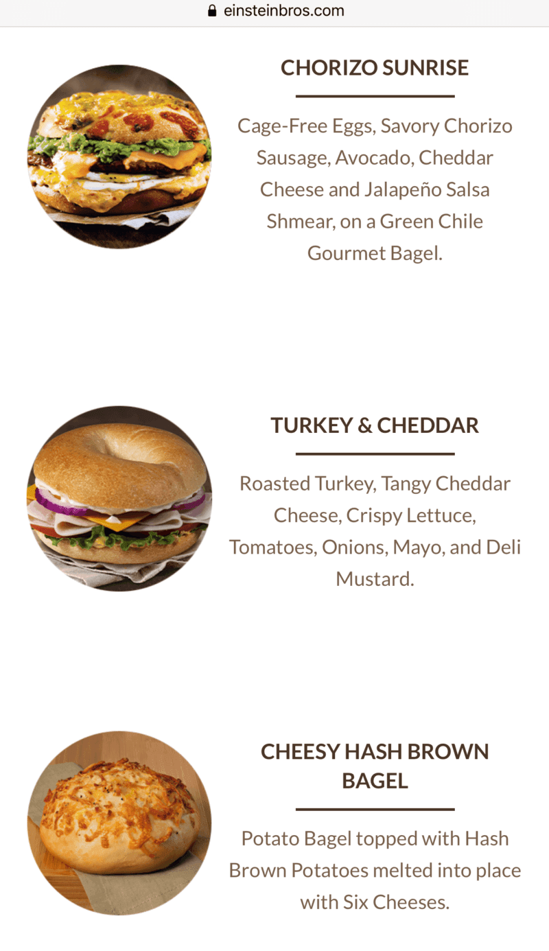 O site móvel da Einstein Bros Bagels, com três itens de menu apresentados em um formato fácil de ler.