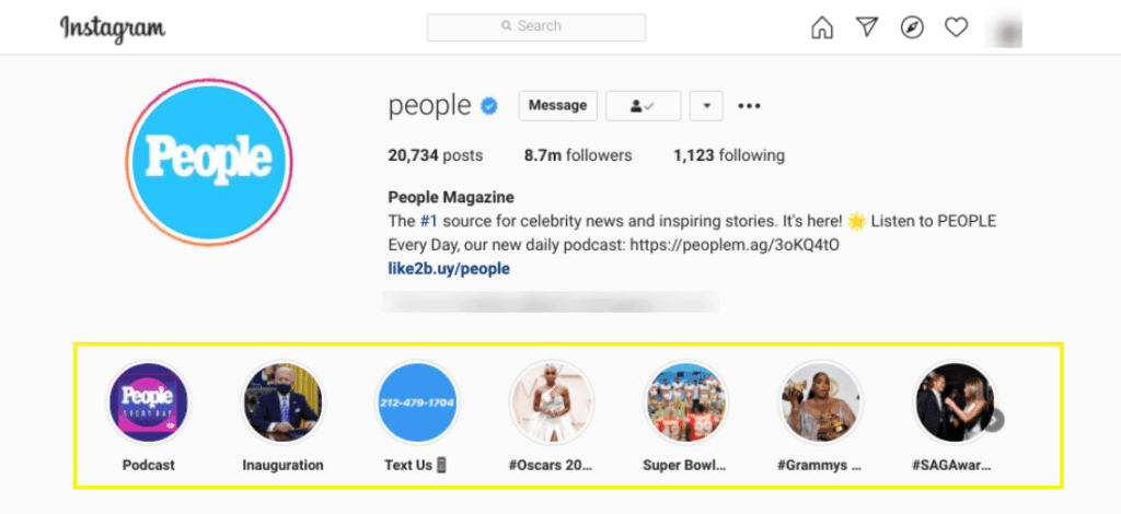 The People 'highlights' section on Instagram.