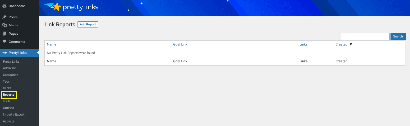 Creating a new PrettyLinks report.