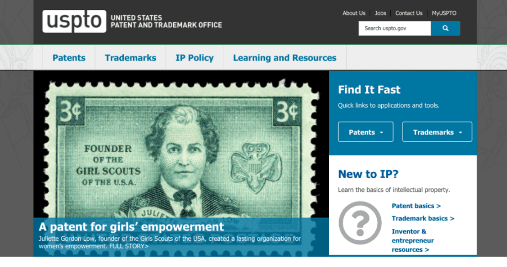 Site do Escritório de Patentes e Marcas Registradas dos Estados Unidos (USPTO).