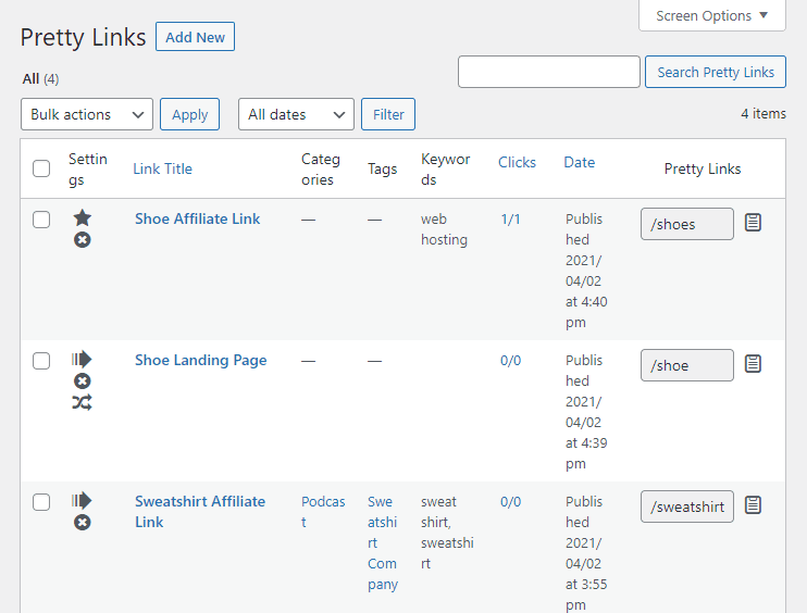 The PrettyLinks dashboard.