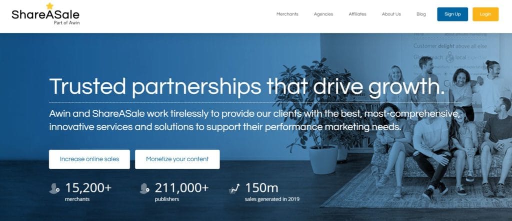 Página de inicio del programa de afiliados ShareASale