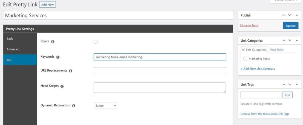 How to specify keywords for links in PrettyLinks- PrettyLinks Automation Features