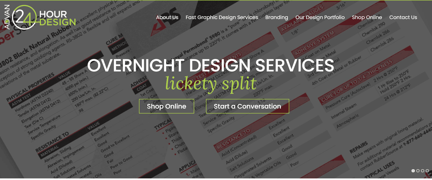 24-Stunden-Design-Homepage mit dem Text "Overnight design services lickety split".