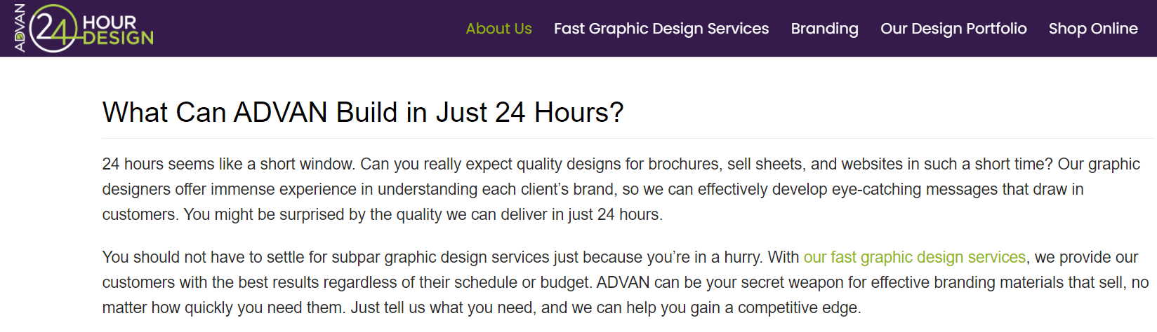 Die 'Über uns'-Seite von 24-Hour Design