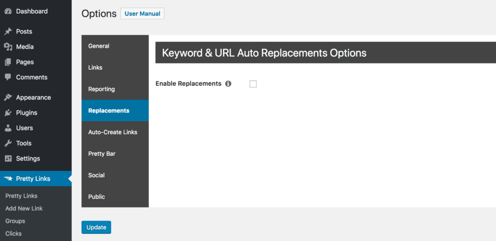 The Keyword Replacements interface in the PrettyLinks Options panel