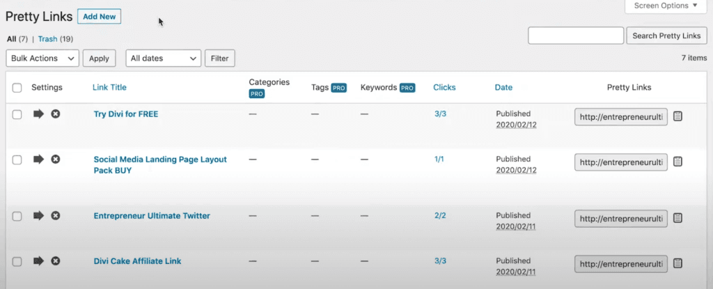 The PrettyLinks plugin dashboard