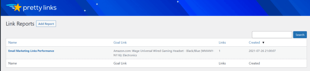 The PrettyLinks plugin reports dashboard