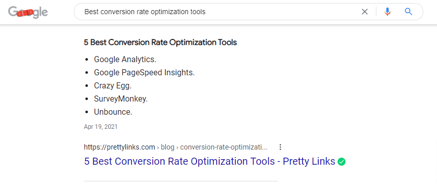 PrettyLinks listicle example ranks high with the help of backlinks 