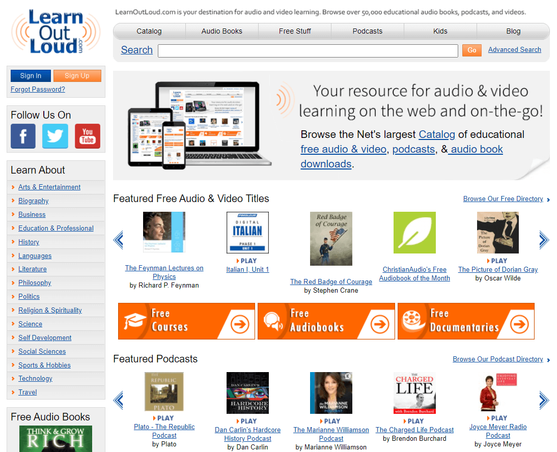 Página de inicio del directorio de podcasts Learn Out Loud.