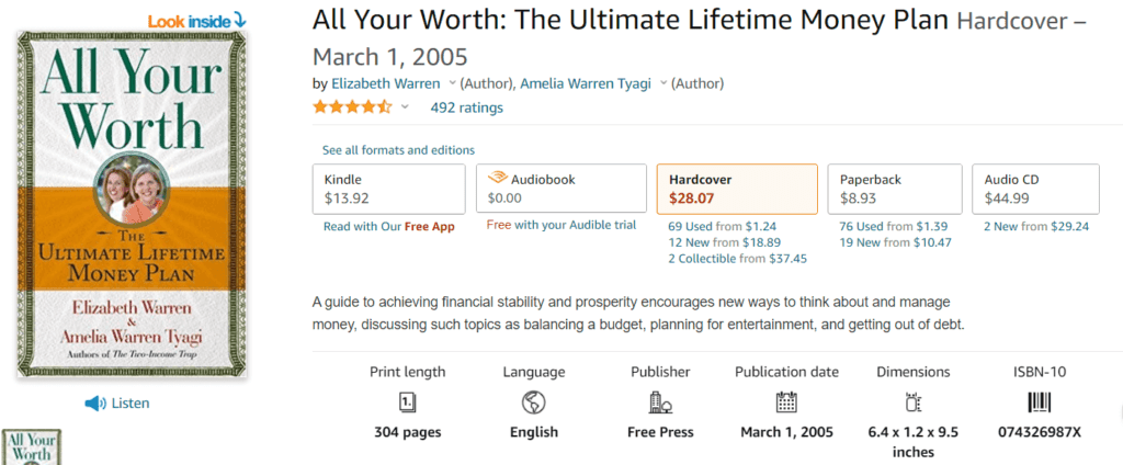 Captura de pantalla del listado de Amazon del libro All Your Worth: The Ultimate Lifetime Money Plan, que presenta la regla presupuestaria 50/30/20.