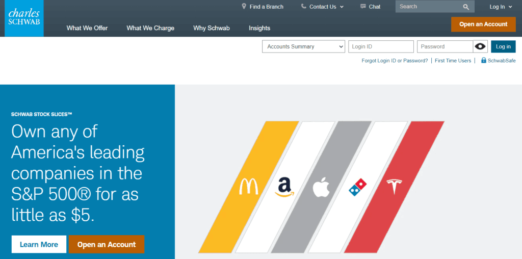 La página de inicio de Charles Schwab.