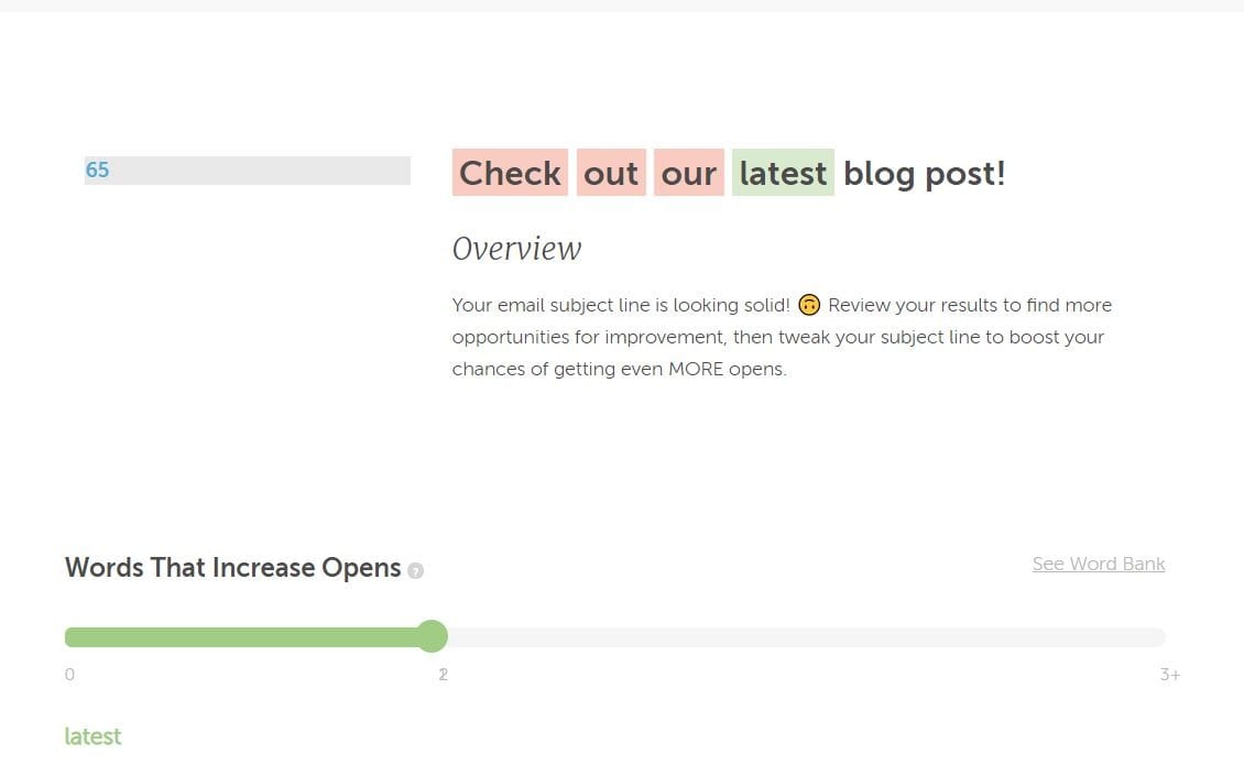 Une vue d'ensemble de votre ligne d'objet dans Email Subject Line Tester de CoSchedule