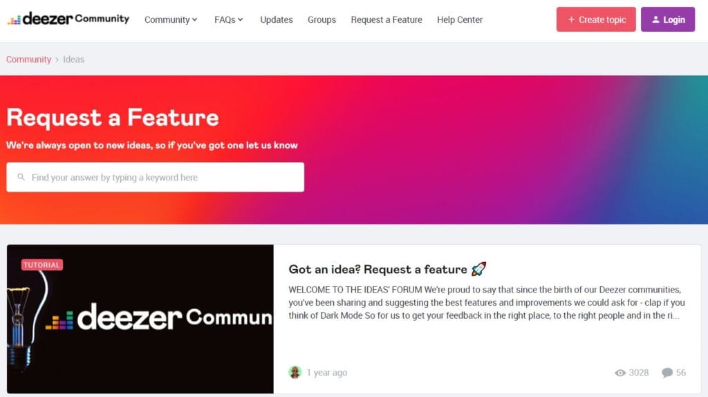 La comunidad en línea de Deezer pide directamente ideas y comentarios de los clientes.