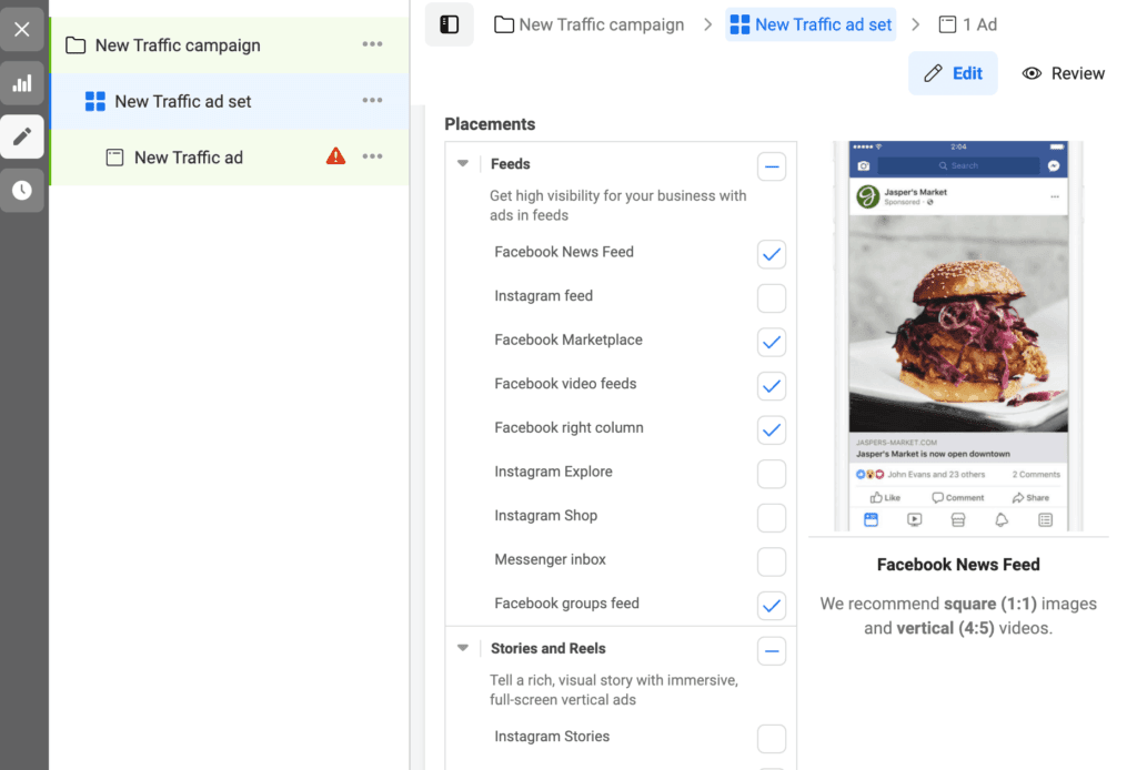 Elegir una ubicación de anuncio en el Administrador de Facebook.