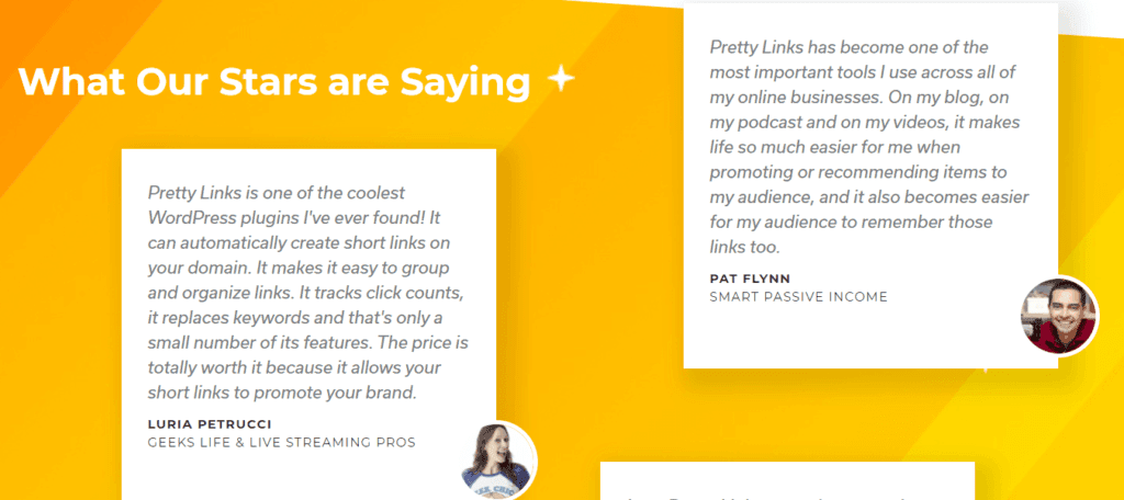 Examples of social proof with customer testimonials on the PrettyLinks homepage.