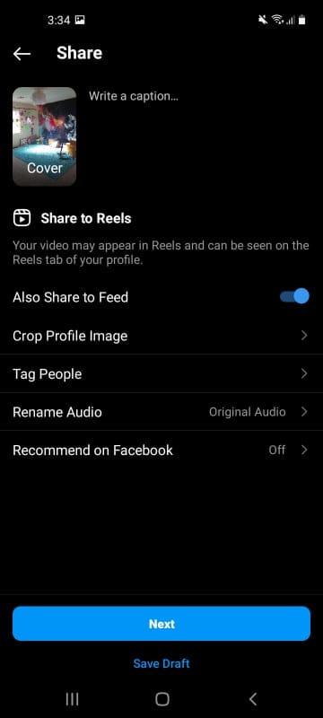 Editing an Instagram Reel.