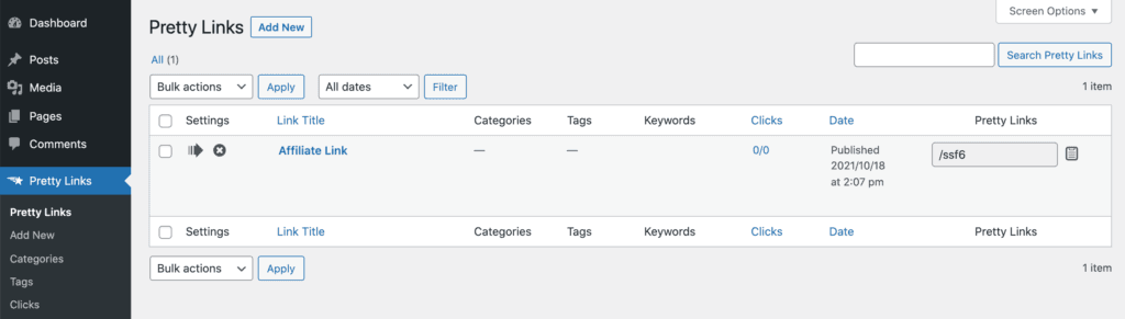 The PrettyLinks dashboard.