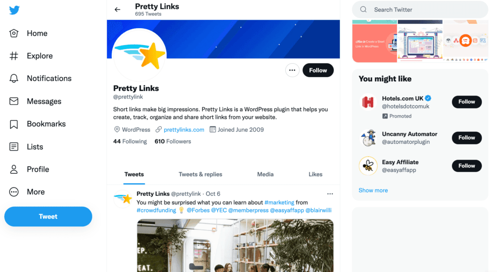 The PrettyLinks Twitter profile.
