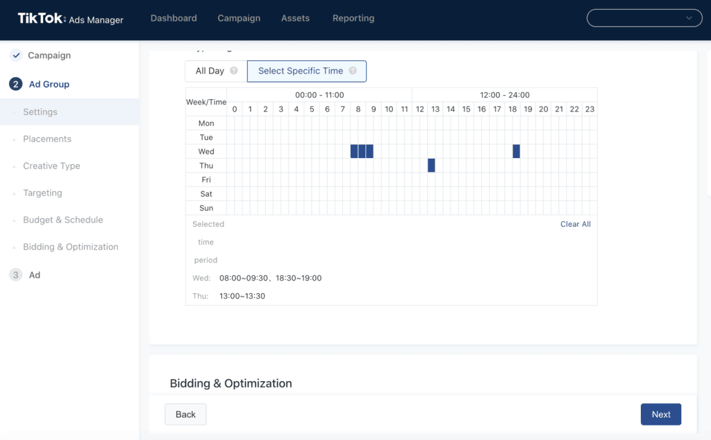Paramètres de dayparting de TikTok.