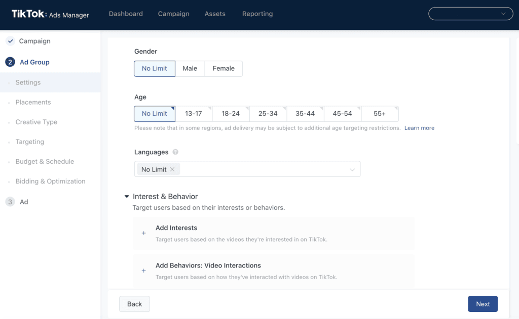 Paramètres de ciblage publicitaire de TikTok.