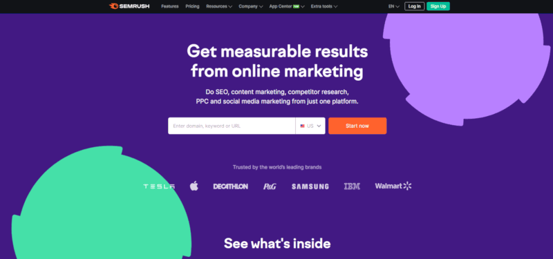 Página inicial da Semrush